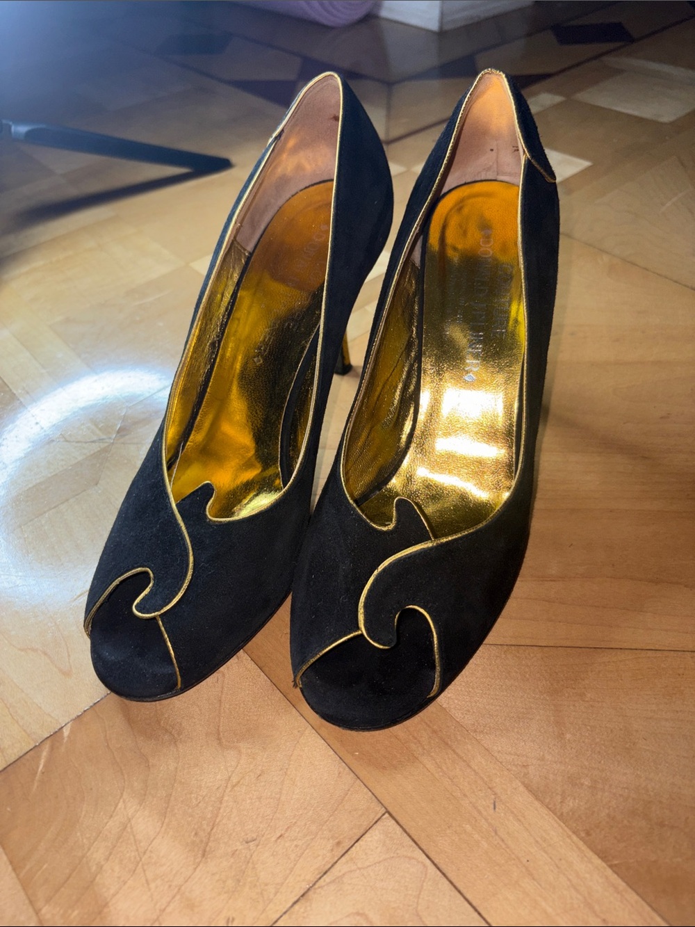 Donald J. Pliner Black Suede Peep-Toe Heels with Gold Trim